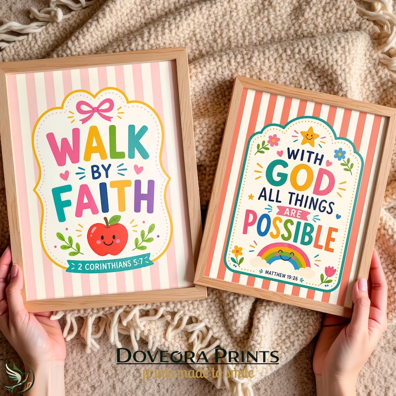Two framed inspirational prints: "Walk by Faith" and "With God All Things Are Possible."