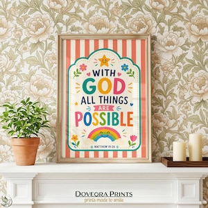 Framed artwork with text "With God, All Things Are Possible" and Matthew 19:26