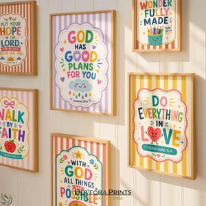 Collection of five framed Bible verse prints with colorful, playful designs.