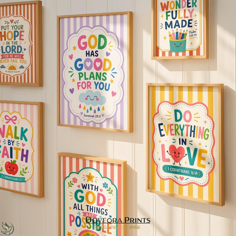 Collection of five framed Bible verse prints with colorful, playful designs.