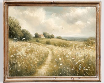Cottagecore Meadow Landscape Digital Art Print, Wildflower Field Painting, Rustic Countryside Path Farmhouse Decor