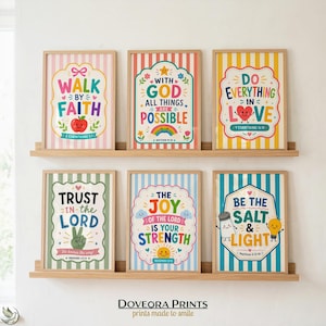 Six framed inspirational prints with bible verses and cheerful illustrations on shelves.