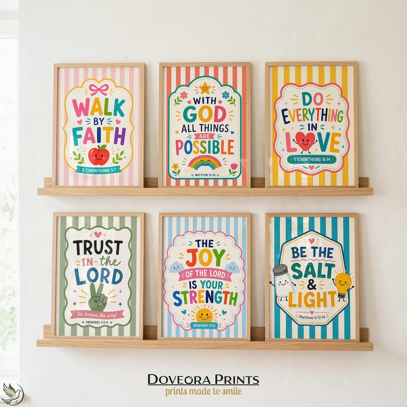 Six framed inspirational prints with bible verses and cheerful illustrations on shelves.