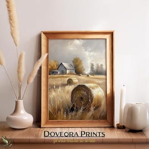 Farmhouse Wall Art Digital Download | Rustic Barn Hay Bale Field Painting | Impressionistic Autumn Landscape Print - S01-394
