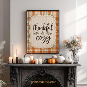 Dankbare en gezellige print, digitale herfstdecoratie, muurdecoratie met herfstcitaat, print met geruite pompoenveld-sfeer - S01-511