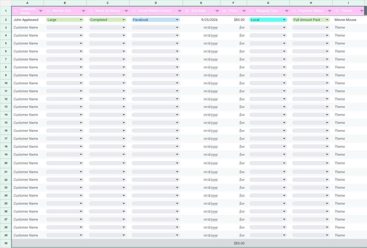 Custom Banner Order Tracker Spreadsheet | Small Business Organizer ...