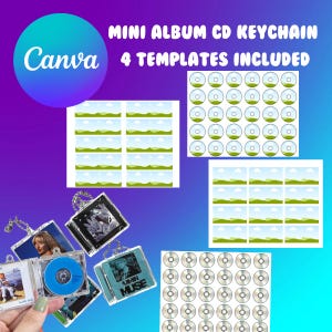 May include: Mini album CD keychain with 4 templates included. The image displays several square clear plastic cases containing miniature album art and small blue discs, alongside sheets of printable circular and rectangular graphic templates.