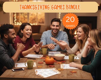 May include: A group of five people laughing around a wooden table. The table is set with mugs, game sheets, a pumpkin, and fall leaves. The image has text that reads "Thanksgiving Games Bundle" and "20 Games".