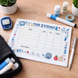 May include: A white notepad with the text "TYPE 1 STRONG!" and a food tracking chart. The notepad is surrounded by medical supplies, including a blood glucose meter, insulin pens, and medication bottles. A pen and tape are also visible.