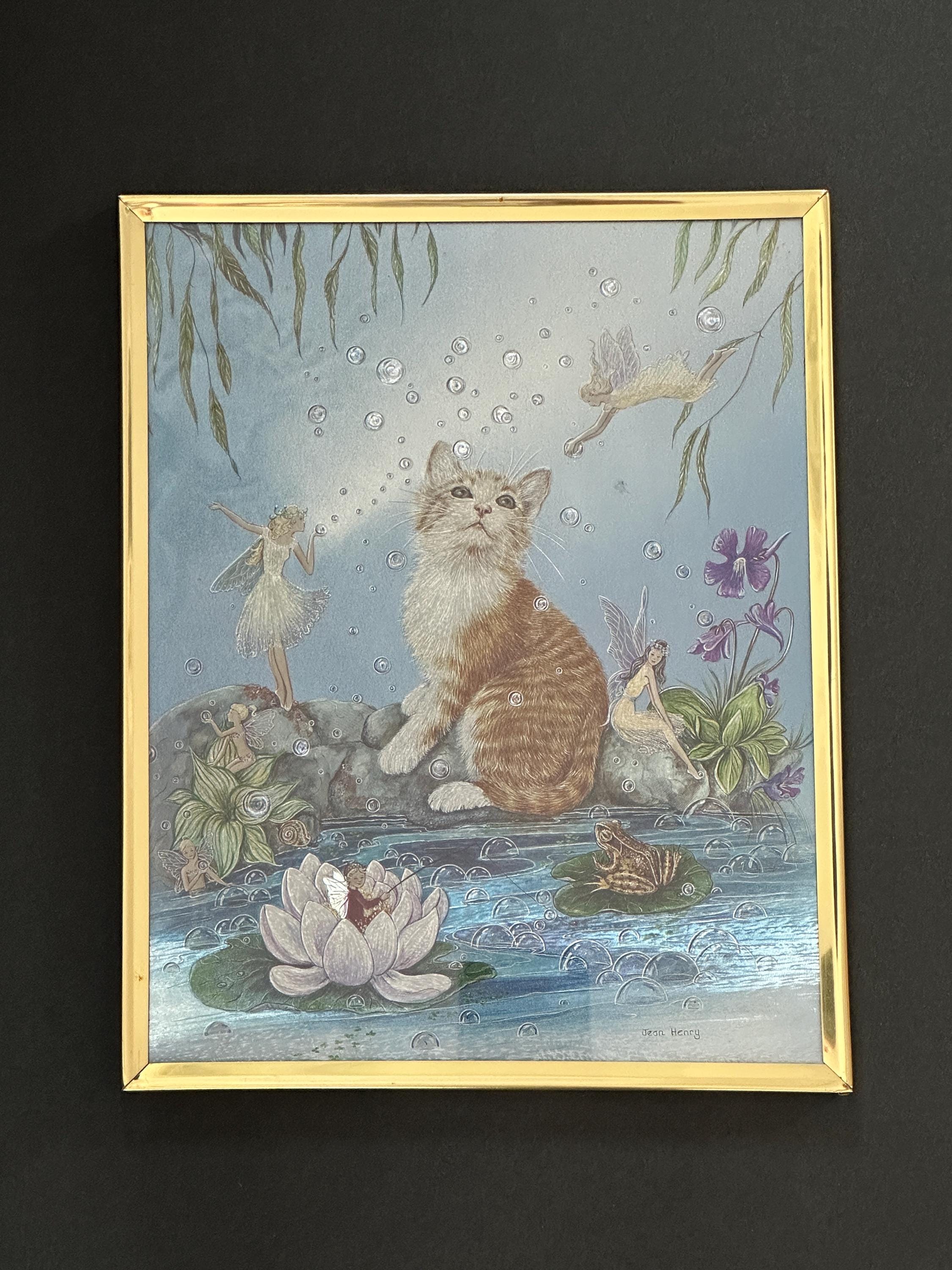Vintage 1980s Jean Henry Dufex Foil Art Framed - Kitten, Fairy