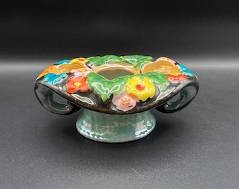 Vintage 1930s Takito Japan Ceramic Flower Frog Hat, Hand Painted Floral Posy Holder