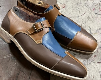 Handmade men 3 tone monk dress shoes, formal monk strap shoes for mens