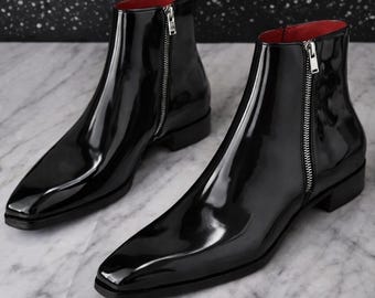 Handmade men black leather zipper boots, formal ankle boots men