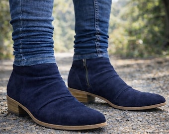 Stivali da uomo fatti a mano in pelle scamosciata blu con cerniera, stivali con tacco cubano in stile cowboy