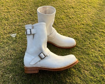 Handmade men white biker boots, formal monk work boots