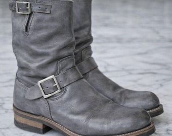 Handmade men gray biker boots, formal monk work boots