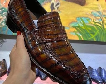 Handmade men brown crocodile texture moccasin shoes, formal slip ons shoes