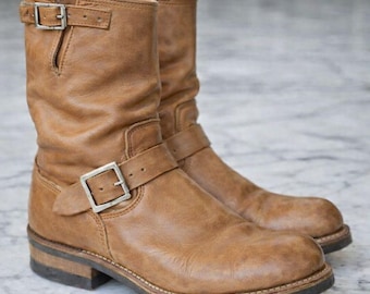 Handmade men brown biker boots, formal monk work boots