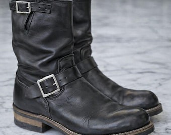 Handmade men black biker boots, formal monk work boots