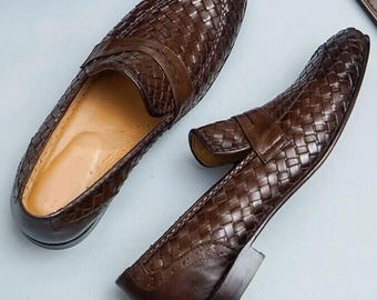 Handmade Brown Woven Leather Loafers, chitai hand woven formal moccasin men