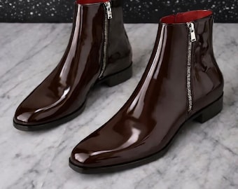 Handmade men brown leather zipper boots, formal ankle boots men