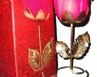 Vintage Avon “Floral Fragrance Candle” 1971-1975 ~ gold leaf stand & pink flower candle