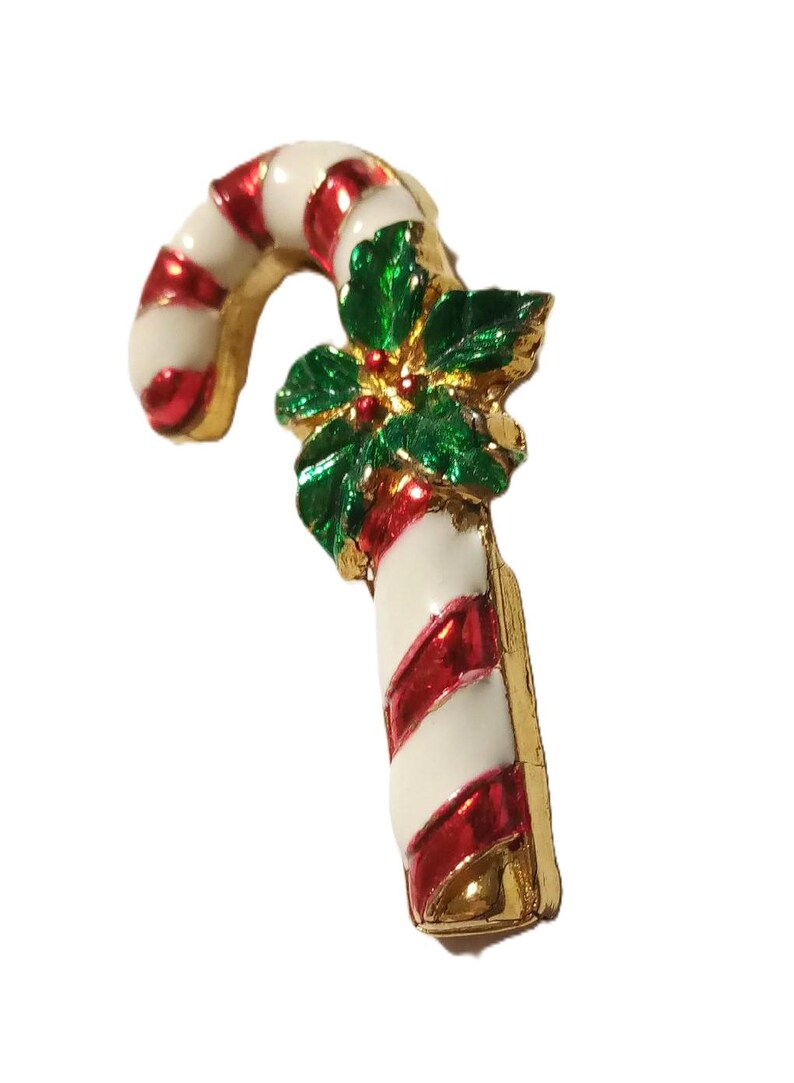 Vintage Enamel Candy Cane Pin/brooch With Green Holly & Red Berries - Etsy