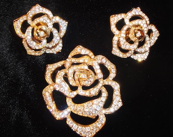 Vintage Elizabeth Taylor Avon Pave Crystal Rose Brosch & Örhängen Set