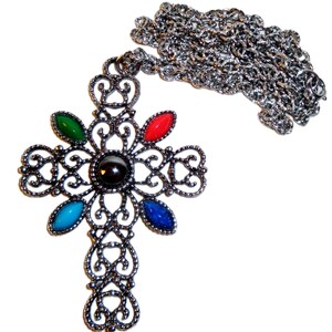 Vintage Avon 1972 "Romanesque" Necklace Cross ~ silver-tone with colorful stones