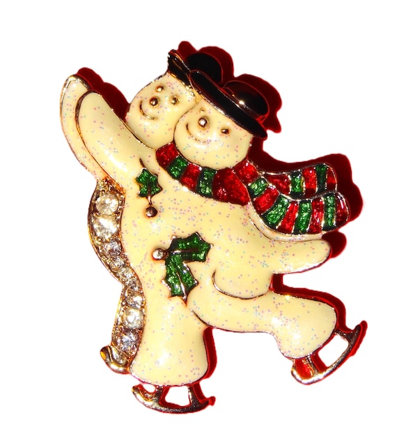 Vintage Skating Snowman Couple Pin