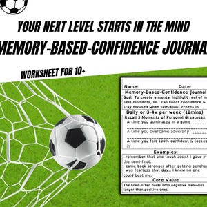 May include: A football in a net with the text "YOUR NEXT LEVEL STARTS IN THE MIND MEMORY-BASED-CONFIDENCE JOURNAL WORKSHEET FOR 10+". A worksheet with prompts to build confidence is also visible.