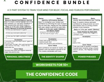 May include: A green and white graphic with the title "CONFIDENCE BUNDLE" and the subtitle "A 3-PART SYSTEM TO TRAIN YOUR MIND FOR BELEIF, FOCUS, AND FEARLESS PERFORMANCE." The image contains three worksheets.