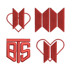 May include: Four red embroidered designs on a white background. The designs include the letters "BTS" in a stylized font, and variations of a logo with two vertical bars and a heart shape. The embroidery has a textured appearance.