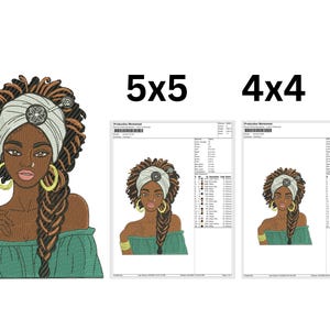 Può includere: Design ricamato di una donna nera con dreadlock marroni, che indossa un turbante bianco con un bottone decorativo, orecchini a cerchio dorati e un top verde con spalle scoperte. L'immagine include due versioni più piccole e il testo "5x5" e "4x4".