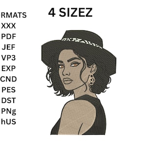 Boho västerländsk kvinna maskinbroderi design digital fil, minimalistisk hatt flicka silhuett linje konst mönster för jacka tygväska, 4x4 storlek