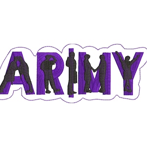 May include: Embroidered design featuring the word "ARMY" in purple, with black silhouettes of people inside each letter. The design has a white outline and is set against a white background.