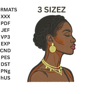 Afrikaanse vrouw borduurwerk ontwerpen, zwarte vrouw profiel gedigitaliseerd bestand, Afro elegant silhouet, getextureerde opvulsteekpatroon,