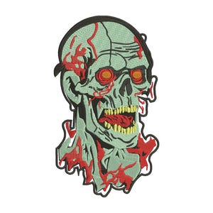 May include: Embroidered patch featuring a zombie head with a green complexion, red blood-like details, and yellow teeth. The zombie has glowing orange eyes and a black outline. The patch is designed for application on clothing or accessories.