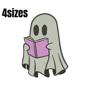 May include: An embroidery design featuring a light gray ghost character with dark oval eyes holding an open pink book. The text 4sizes is printed in black in the upper left corner. The ghost has a draped, sheet-like appearance with dark outlines.