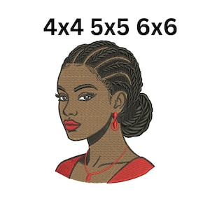 May include: An embroidered design of a woman's face with dark skin, braids, and red lips. She wears red earrings and a red top. The text "4x4 5x5 6x6" is above the image.
