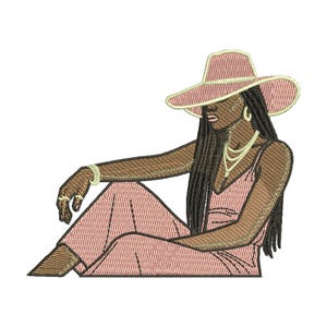 May include: An embroidered design of a person in a pink jumpsuit and a wide-brimmed hat. The person is wearing gold jewelry, including a bracelet, rings, and a necklace. The design is on a white background.