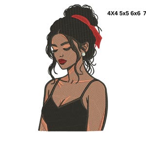 Arquivo digital para bordado à máquina de retrato feminino, modelo DST PES, com desenho de menina. Design elegante com laço vermelho.