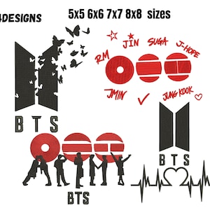 May include: Four embroidery designs featuring the BTS logo in black, red circular motifs, and silhouettes of seven figures. Text includes 4DESIGNS, 5x5 6x6 7x7 8x8 sizes, RM, JIN, SUGA, J-HOPE, JIMIN, JUNG KOOK, BTS, and a heartbeat line with a heart shape.