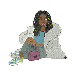May include: An embroidered illustration of a person with long black braids, wearing a blue top, ripped jeans, and a fluffy grey coat. They are holding a purple handbag and wearing trainers. The braids have colourful beads.