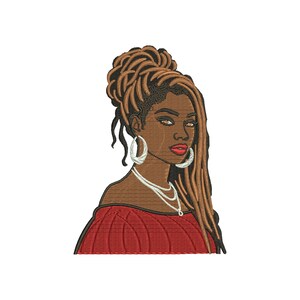 May include: An embroidered portrait of a woman with brown skin, wearing a red top and silver hoop earrings. Her hair is styled in a bun with long, flowing locs. She wears a layered necklace and has red lipstick.