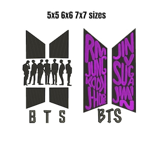 May include: Two embroidery designs featuring the BTS logo. The left design is black with silhouettes of seven figures and the text BTS. The right design is purple with the names RM, JUNG KOOK, J-HOPE, JIN, SUGA, JIMIN, V and the text BTS. 5x5 6x6 7x7 sizes.