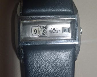 Vintage Technos Incabloc Jump Hour Watch - 1970s Retro Mechanical Digital