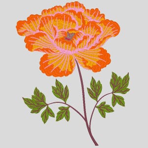 Peut inclure: Illustration florale vibrante d'une grande fleur orange et jaune avec des accents roses. La fleur est sur une tige violet foncé avec des feuilles vertes, sur fond gris clair.