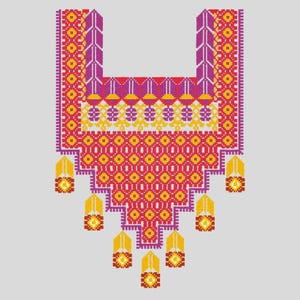 Peut inclure: Un motif textile géométrique vibrant avec un motif répétitif de rouge, jaune, violet et blanc. Le motif comprend une forme rectangulaire centrale avec un haut en forme de U et des éléments décoratifs suspendus.
