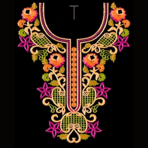 Peut inclure: Une broderie florale colorée avec des fleurs orange, roses et vertes, des feuilles et des tiges dorées, sur fond noir. Le motif comprend un motif vertical central et une encolure incurvée.